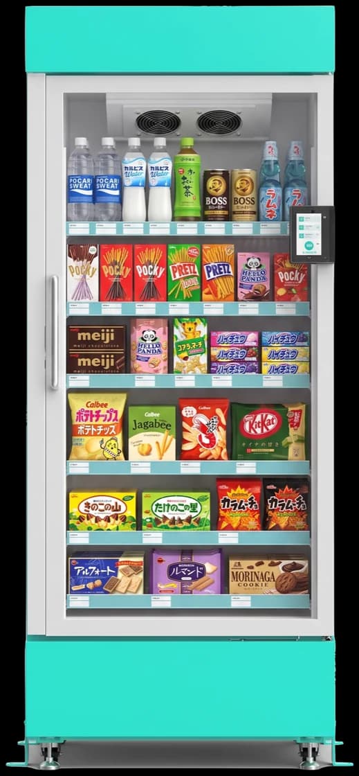 The Stocko smart fridge: teal cabinet, glass door, shelves stocked with Asian snacks and drinks