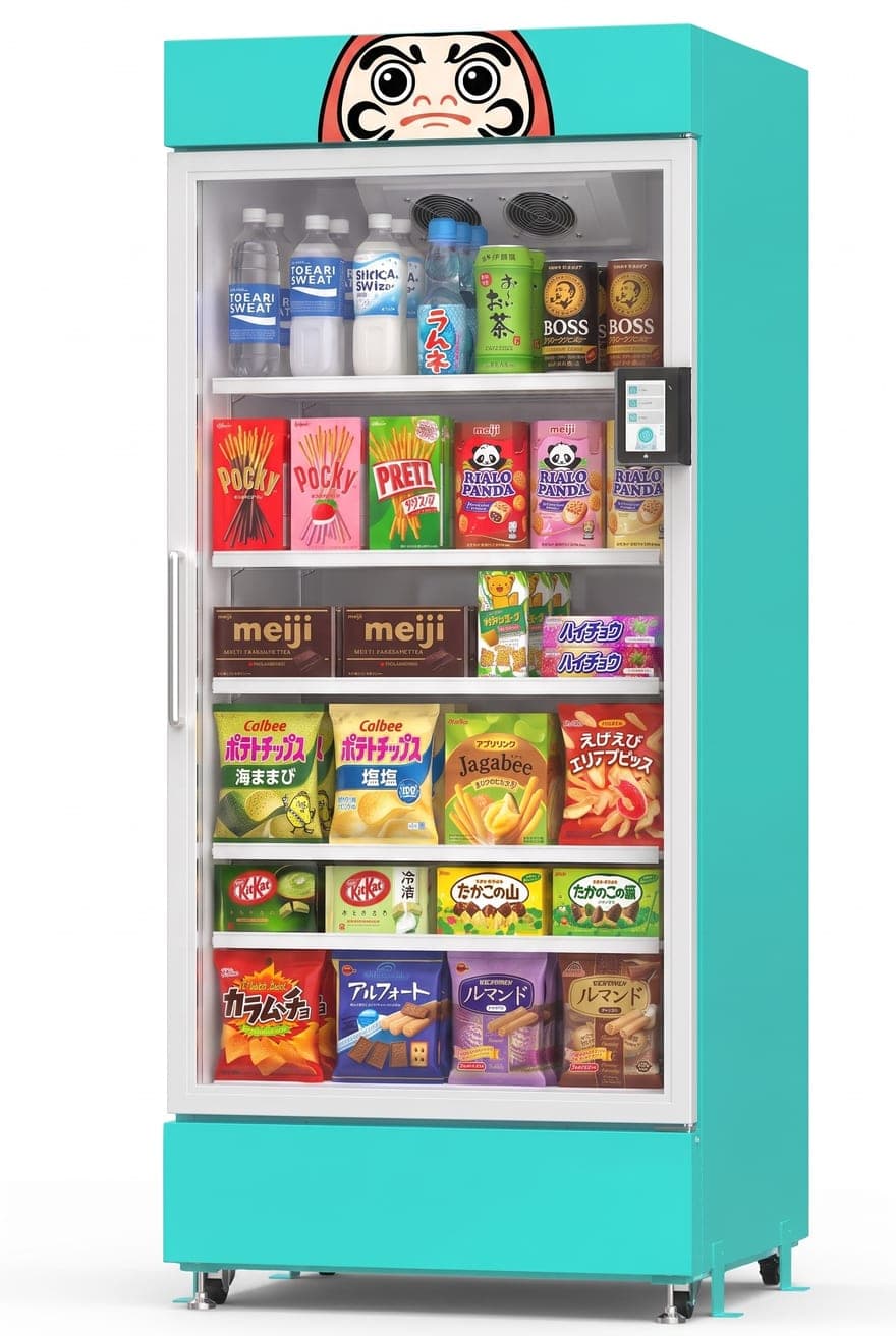 The Stocko mini-market fridge with a daruma mascot on the header, stocked with Japanese drinks and snacks