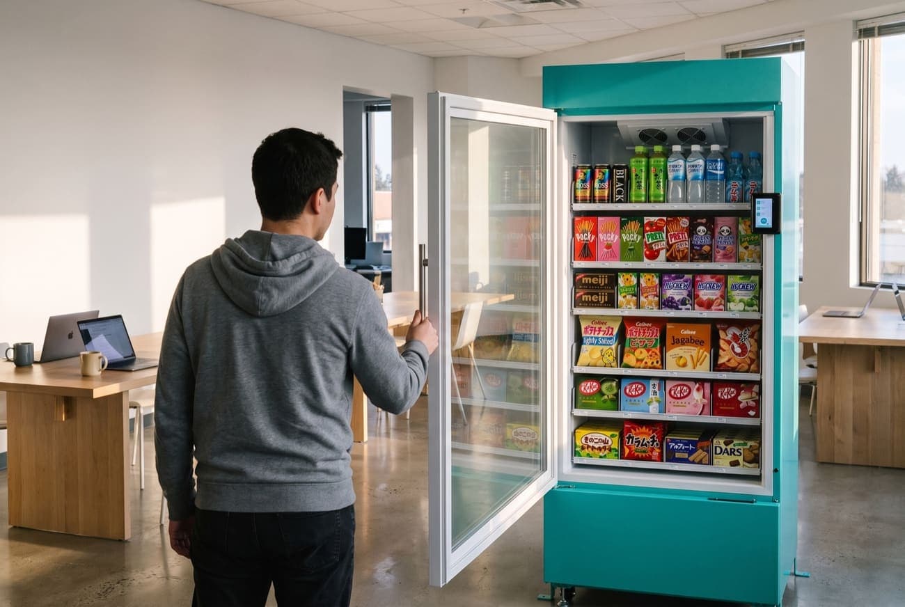 An engineer holding the Stocko fridge's glass door open in a bright office break area